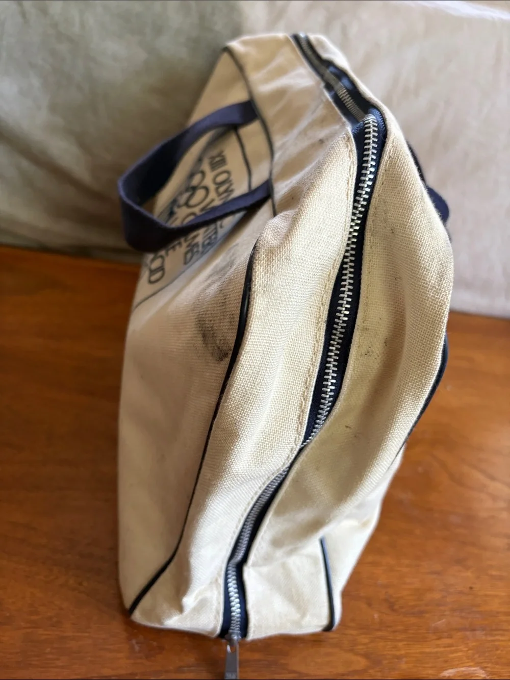 Vintage Beige Canvas Tote Bag with Navy Print - Olympic Lake Placid 1980